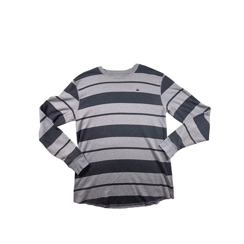 Quiksilver Mens XL Striped Waffle Knit Thermal Long Sleeve Shirt Grey Black Logo